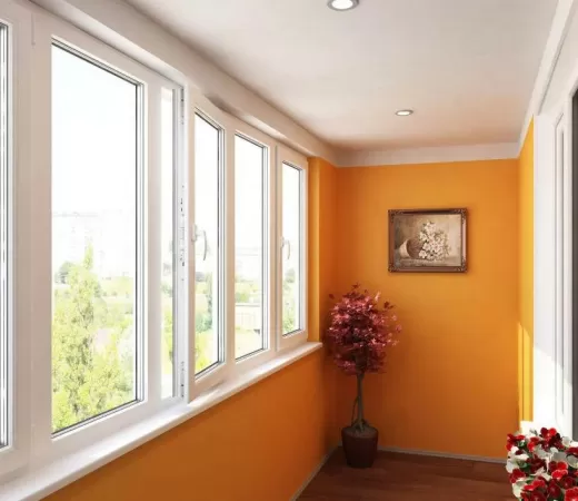 Теплое остекление балкона с окраской в оранжевый в Москве